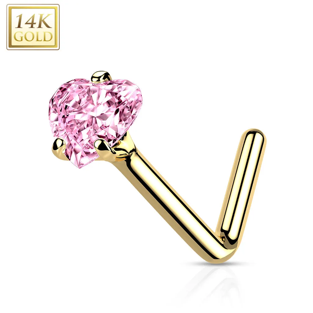 14K Solid Gold Heart CZ L Bend Nose Ring