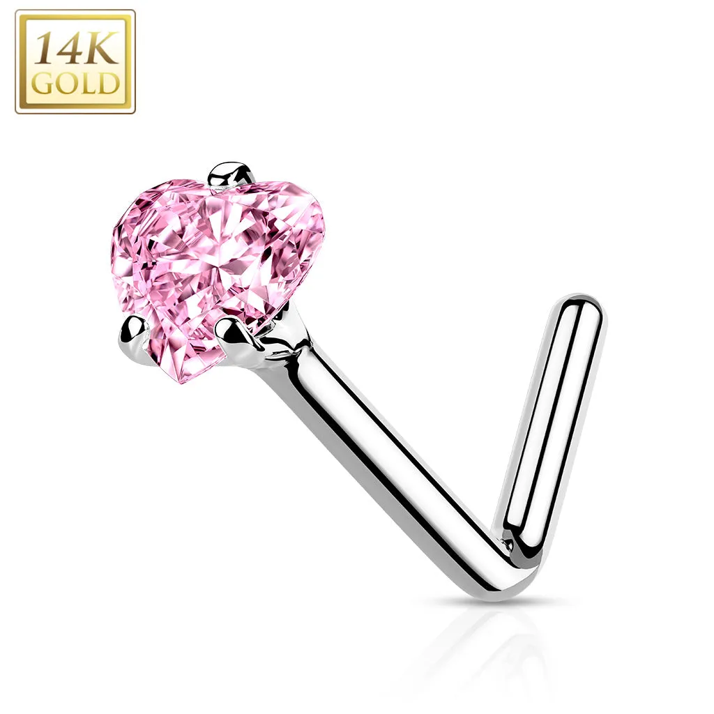 14K Solid Gold Heart CZ L Bend Nose Ring