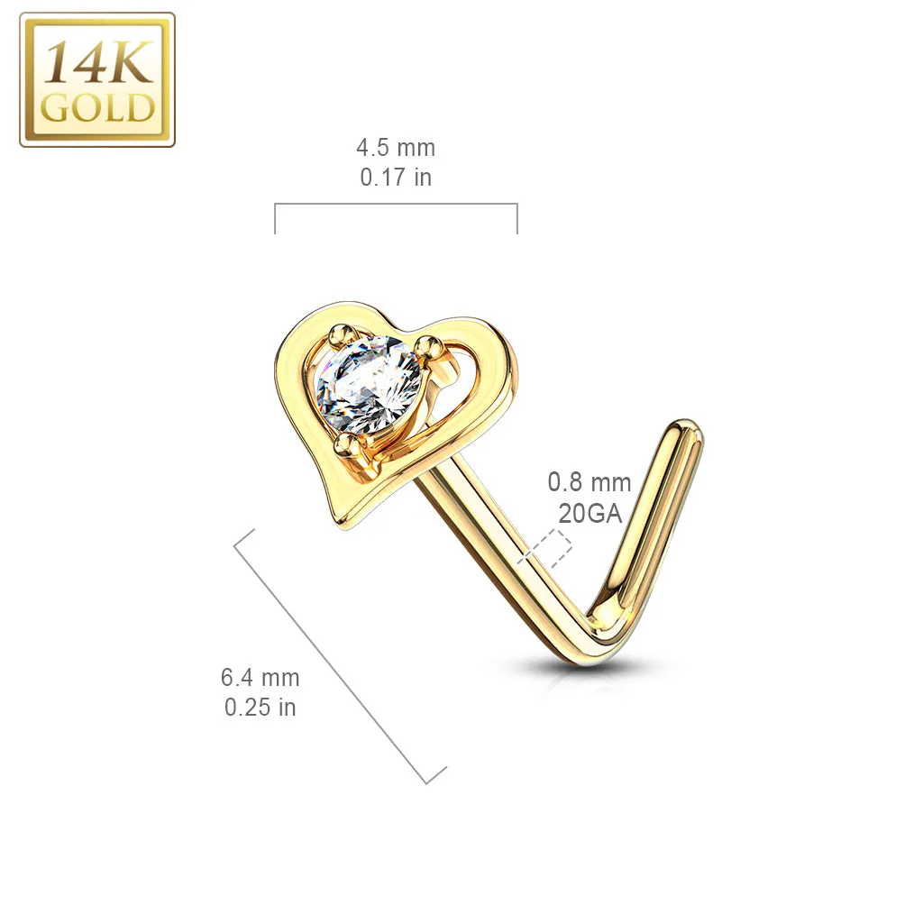 14K Solid Gold Hollow Heart With Round CZ L Bend Nose Stud Ring