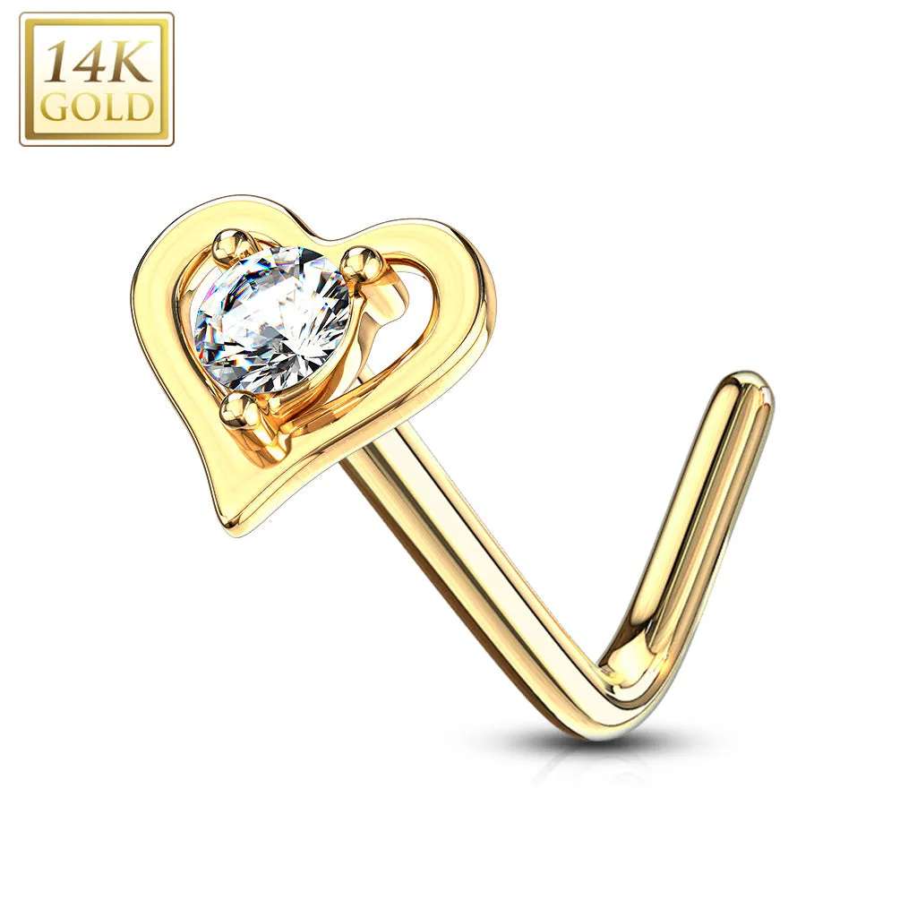 14K Solid Gold Hollow Heart With Round CZ L Bend Nose Stud Ring