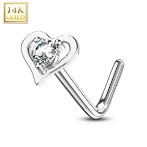 14K Solid Gold Hollow Heart With Round CZ L Bend Nose Stud Ring