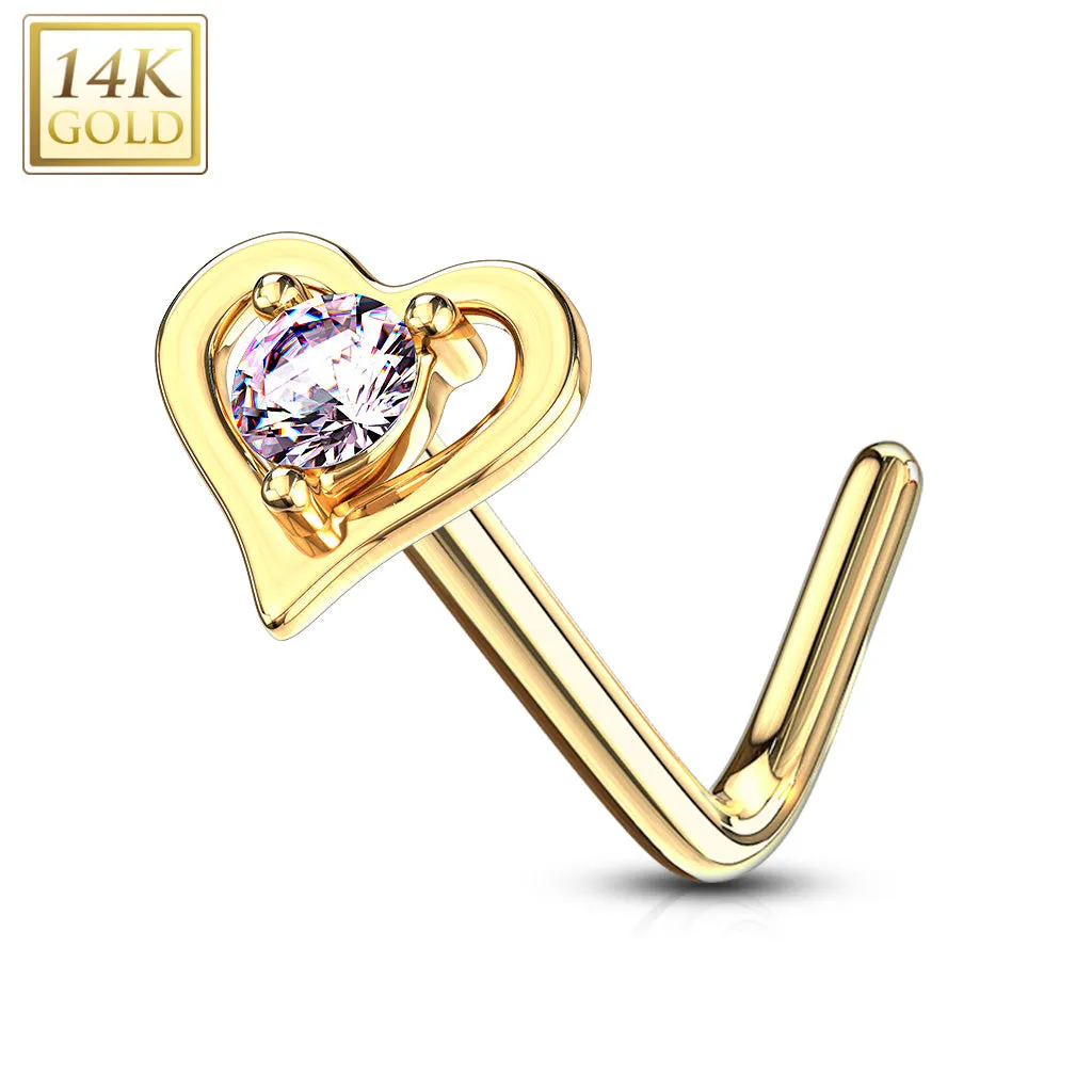 14K Solid Gold Hollow Heart With Round CZ L Bend Nose Stud Ring