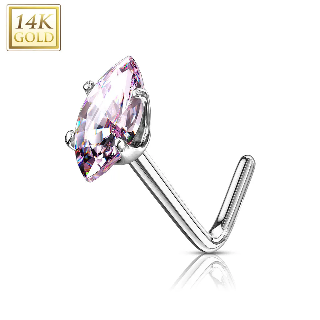 14K Solid Gold Marquise CZ L Bend Nose Stud Ring