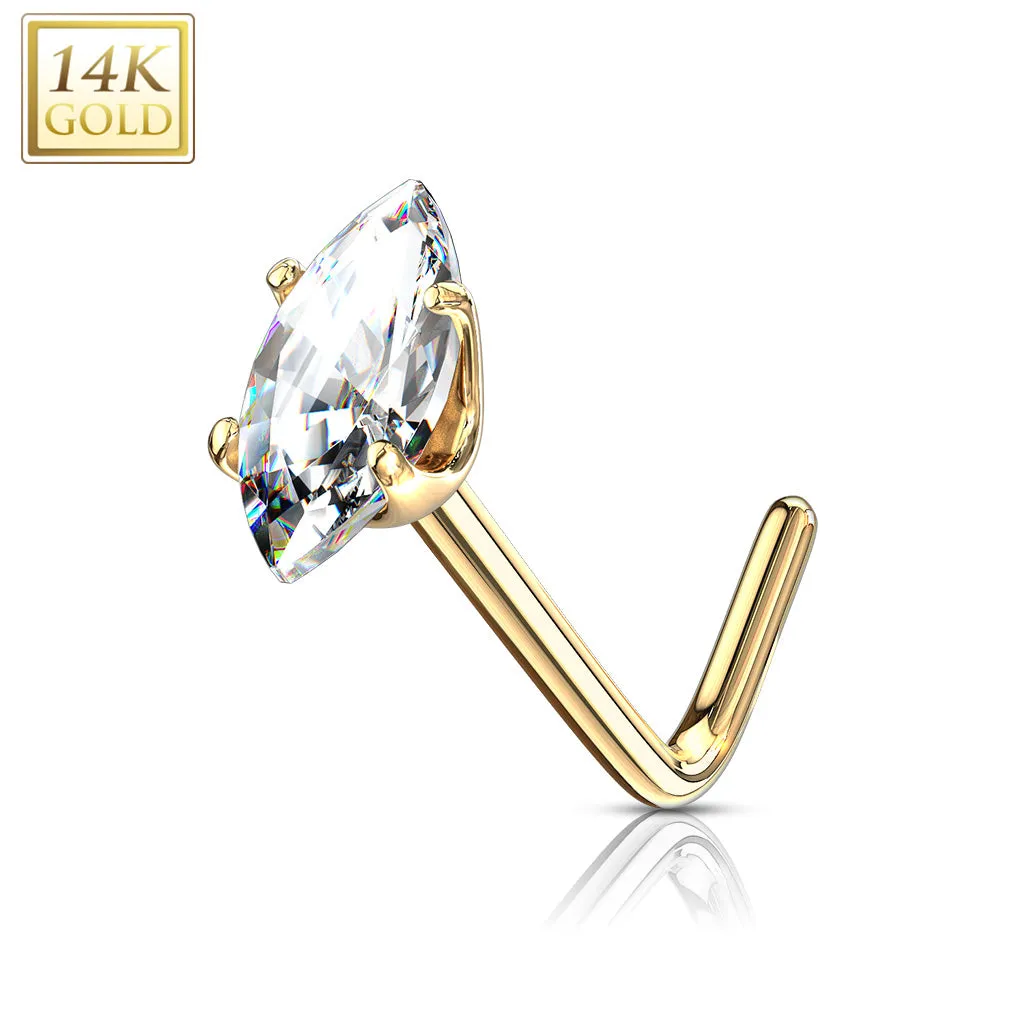 14K Solid Gold Marquise CZ L Bend Nose Stud Ring
