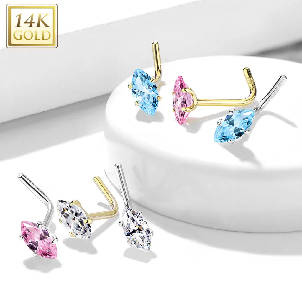 14K Solid Gold Marquise CZ L Bend Nose Stud Ring