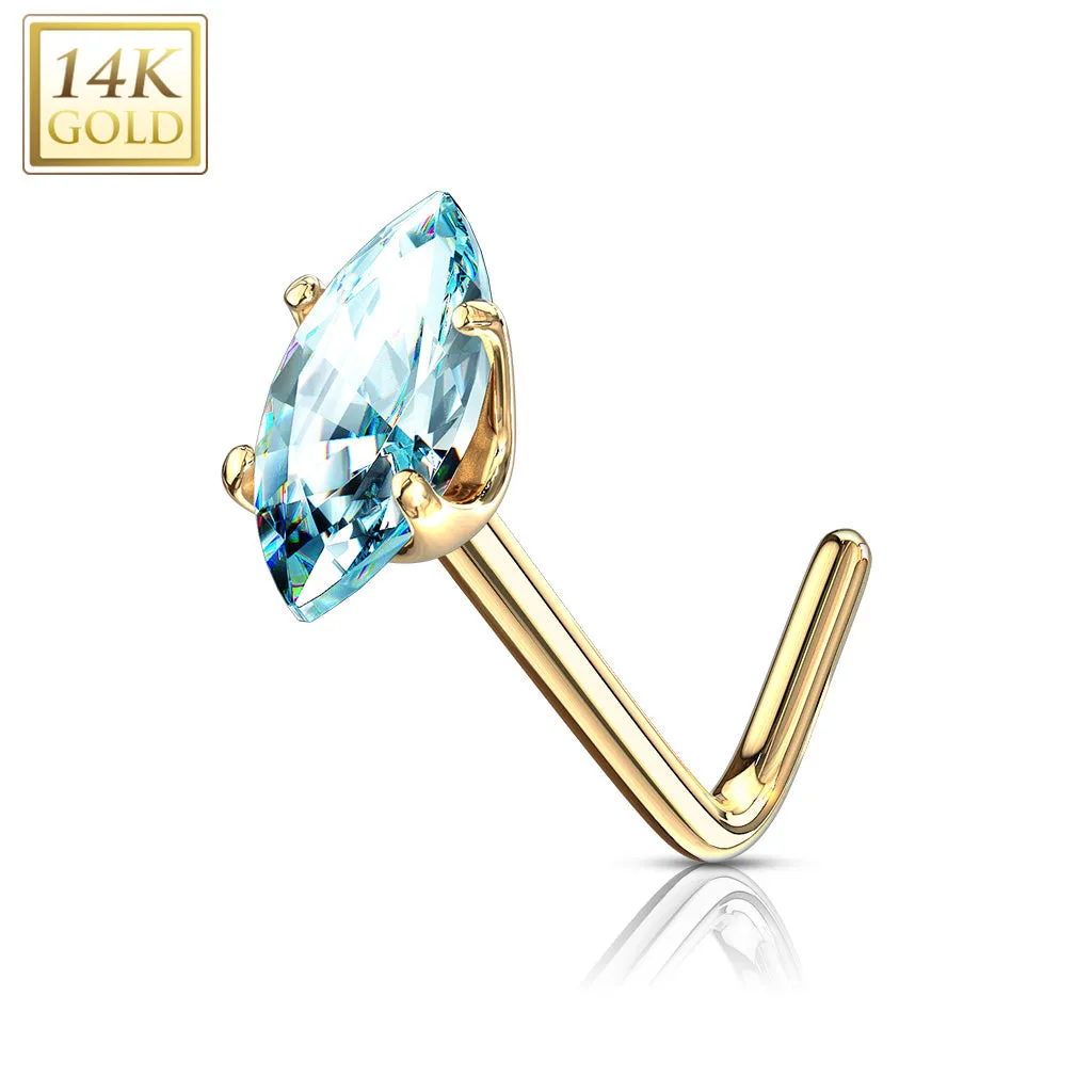 14K Solid Gold Marquise CZ L Bend Nose Stud Ring