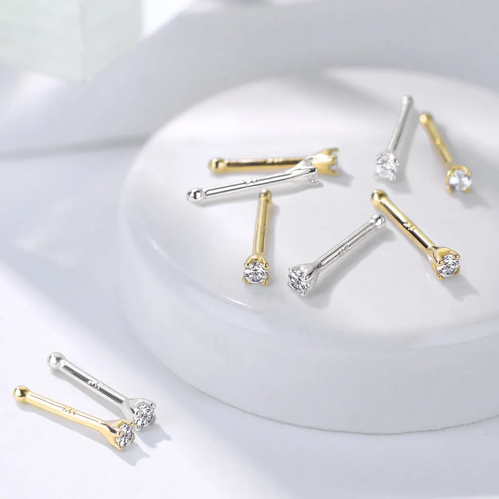 14K Solid Gold Nose Stud Ring with Tiny 1.5 mm Prong Set CZ