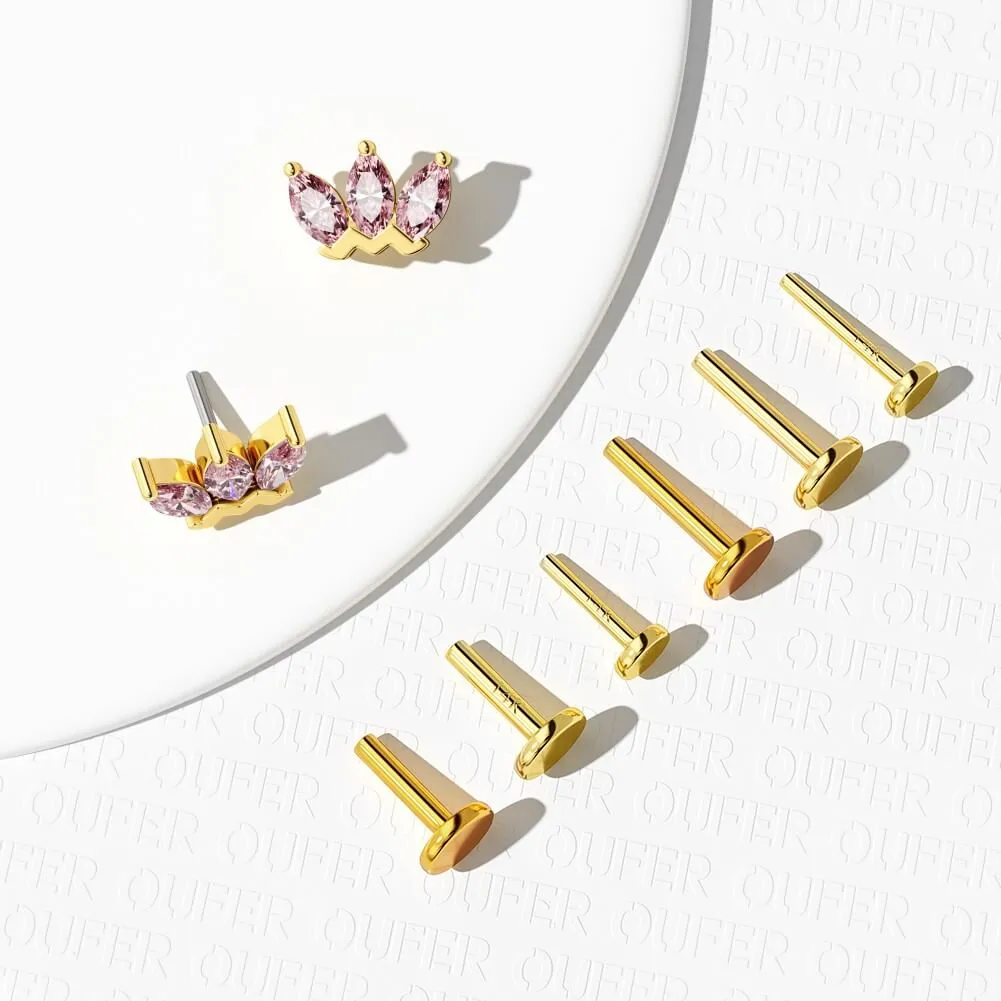 14K Solid Gold Pink Crown CZ Threadless Push Pin Labret Helix Nose Stud