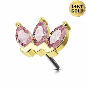 14K Solid Gold Pink Crown CZ Threadless Push Pin Labret Helix Nose Stud