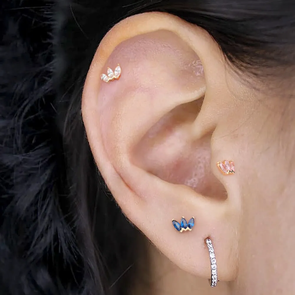 14K Solid Gold Pink Crown CZ Threadless Push Pin Labret Helix Nose Stud