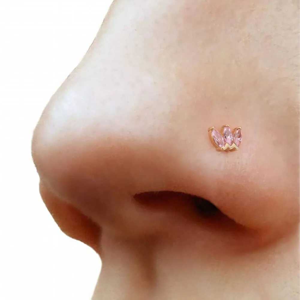 14K Solid Gold Pink Crown CZ Threadless Push Pin Labret Helix Nose Stud