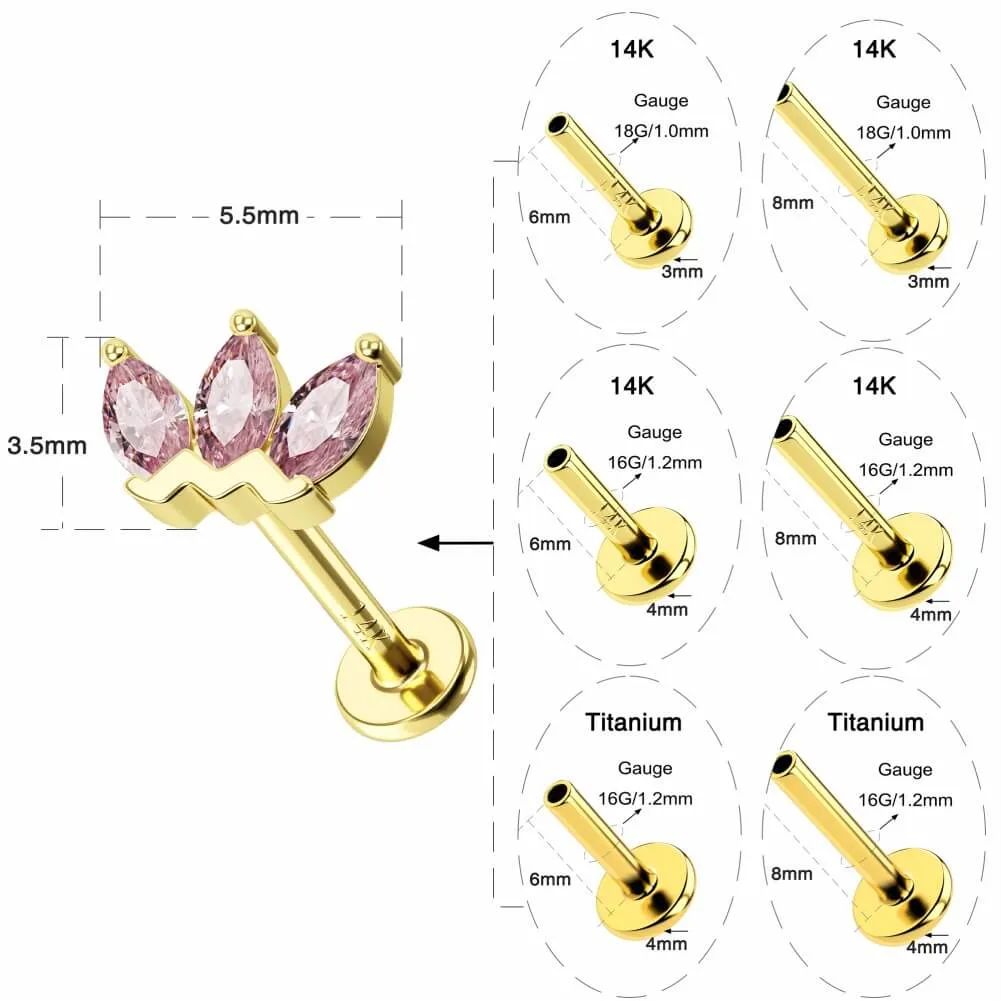 14K Solid Gold Pink Crown CZ Threadless Push Pin Labret Helix Nose Stud