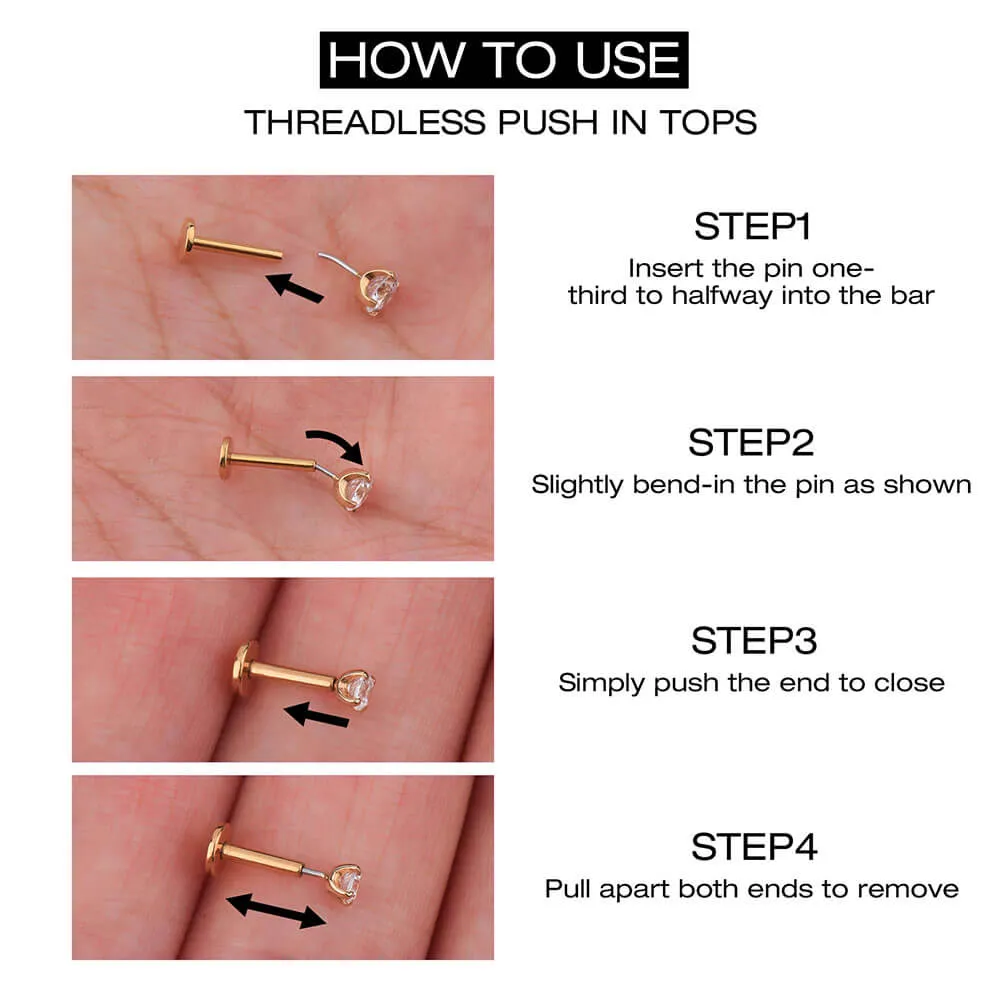 14K Solid Gold Pink Crown CZ Threadless Push Pin Labret Helix Nose Stud