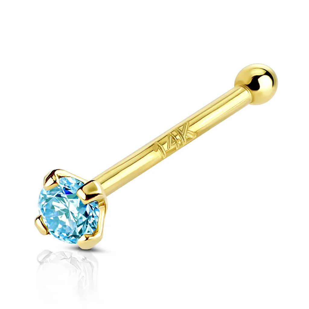 14K Solid Gold Prong Set 2 mm CZ Nose Stud