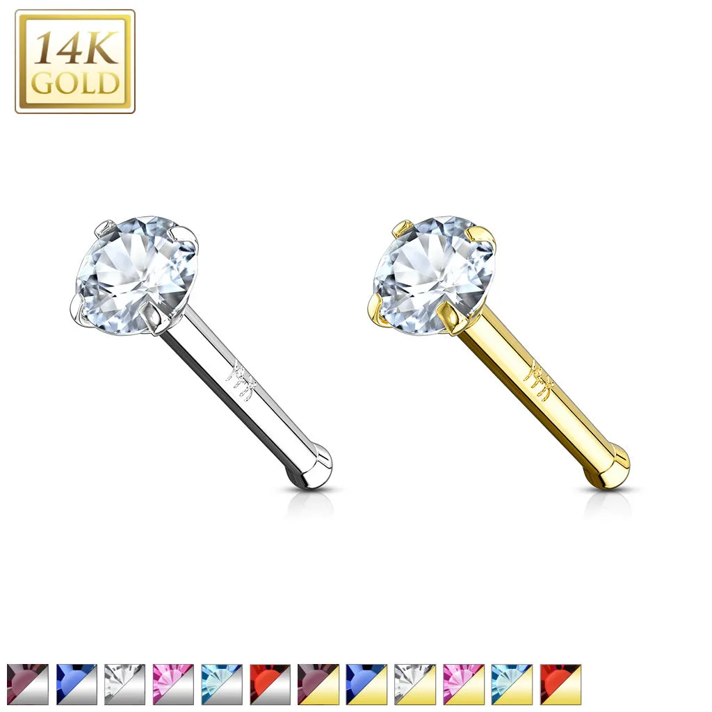 14K Solid Gold Prong Set 2 mm CZ Nose Stud
