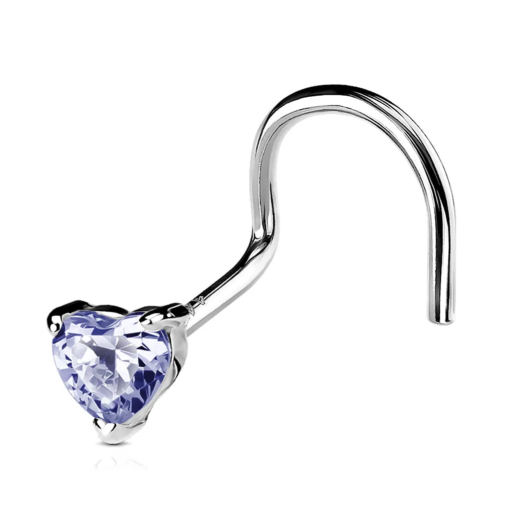 14K Solid Gold Prong Set 3mm Heart CZ Top Nose Screw Ring