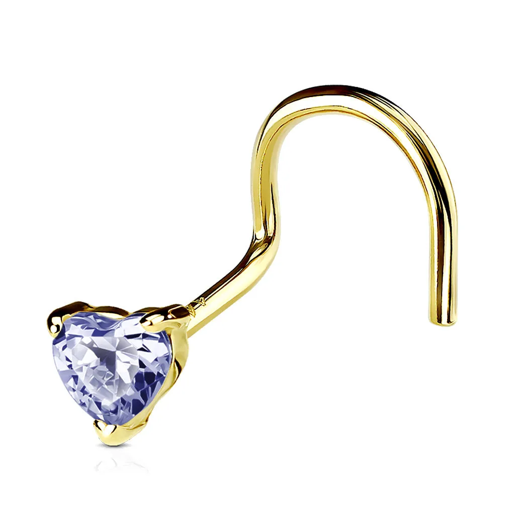 14K Solid Gold Prong Set 3mm Heart CZ Top Nose Screw Ring
