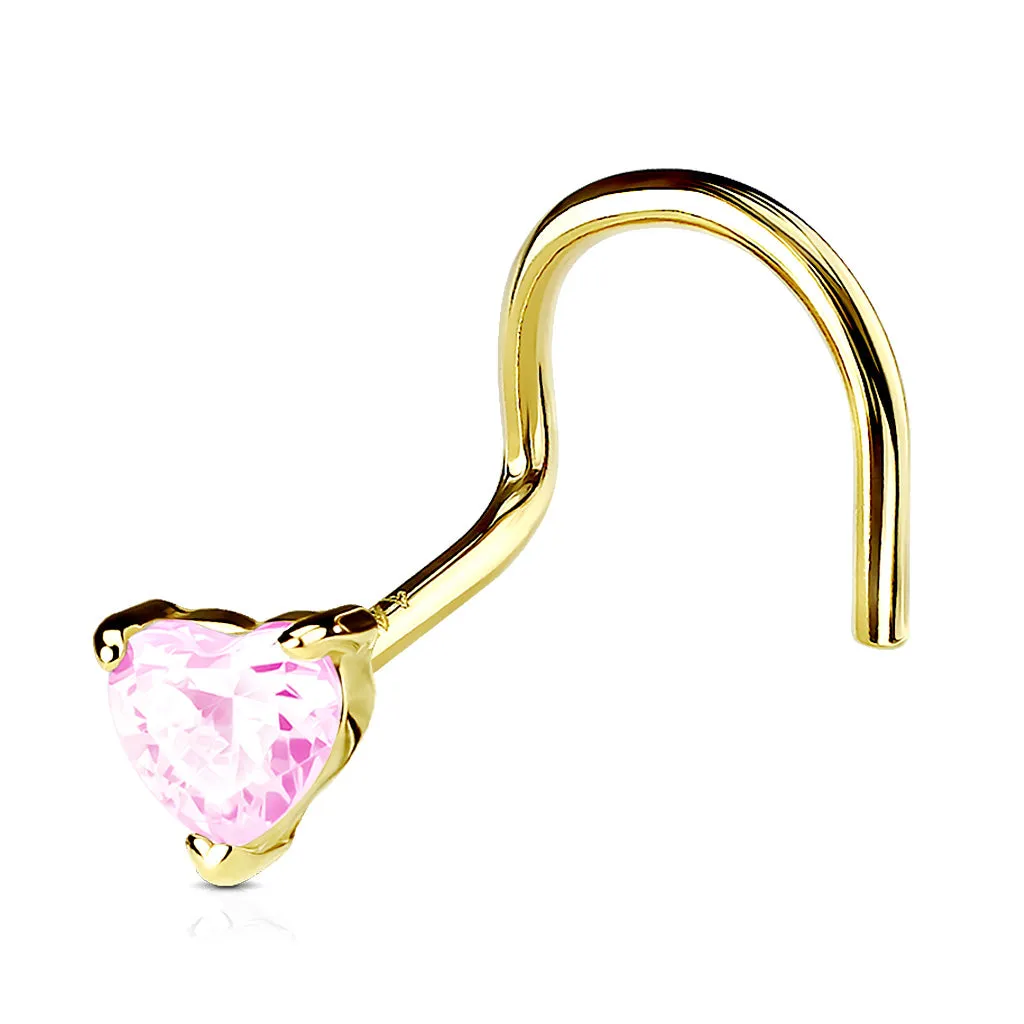14K Solid Gold Prong Set 3mm Heart CZ Top Nose Screw Ring