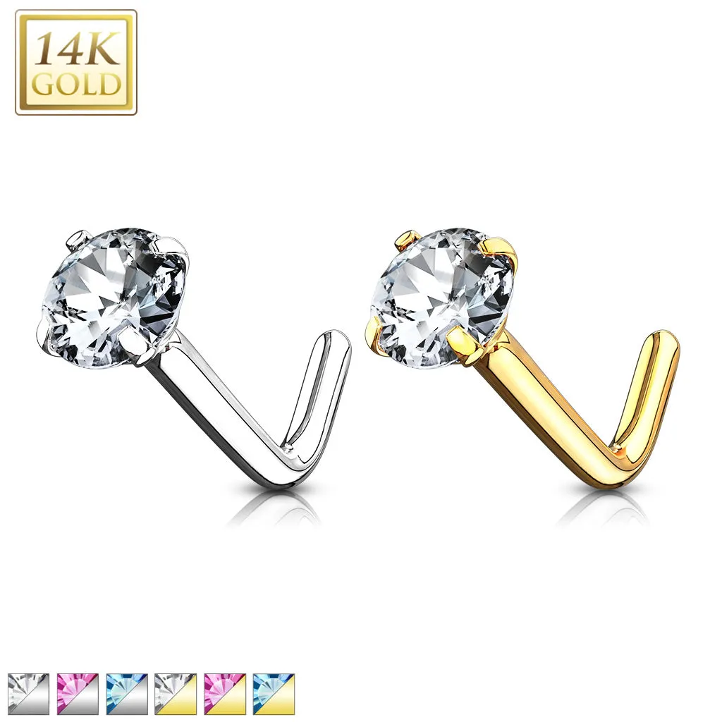14K Solid Gold Round 3mm CZ L Bend Nose Ring