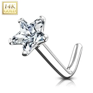 14K Solid Gold Star CZ L Bend Nose Stud Ring