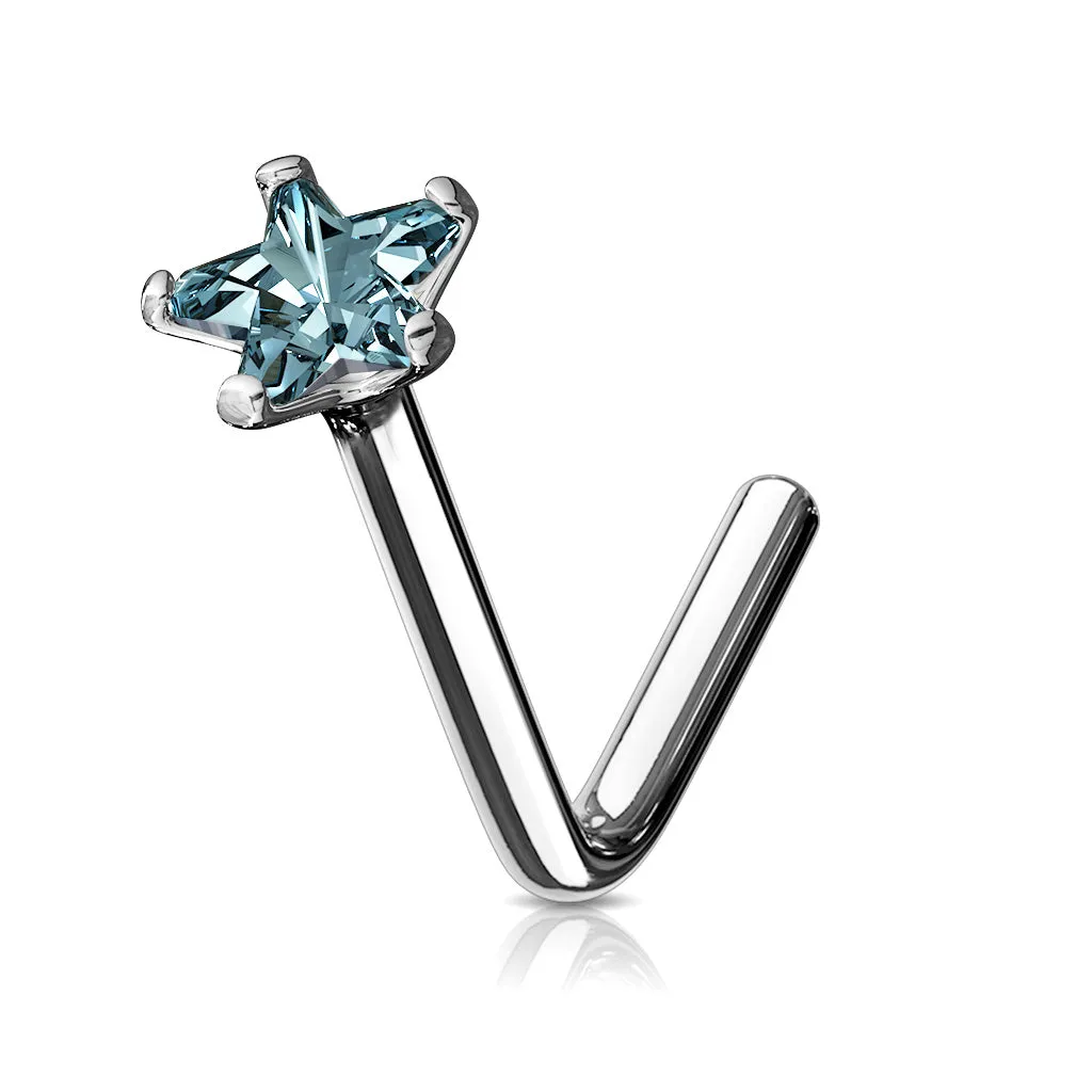 14K Solid Gold Star CZ L Bend Nose Stud Ring
