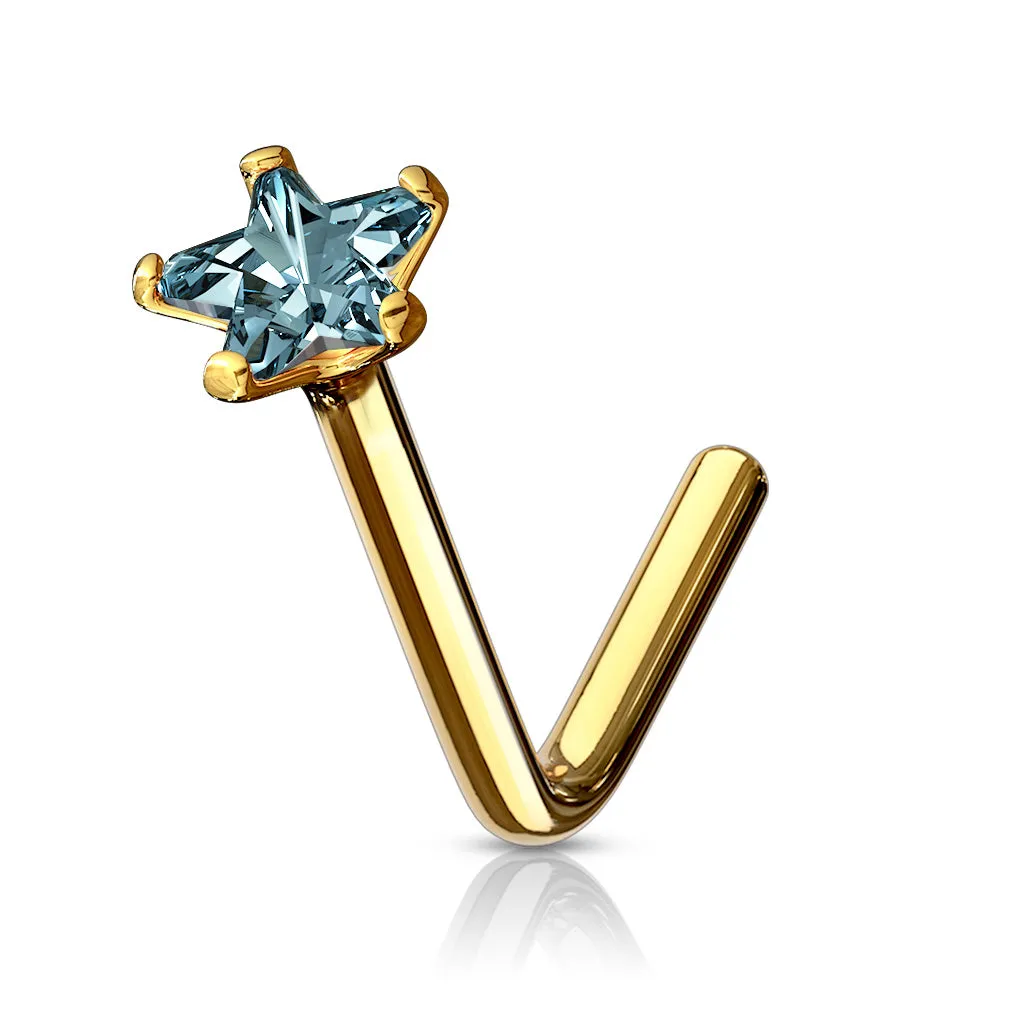 14K Solid Gold Star CZ L Bend Nose Stud Ring