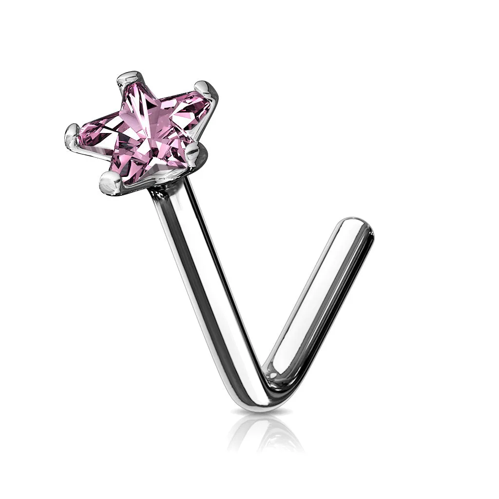 14K Solid Gold Star CZ L Bend Nose Stud Ring
