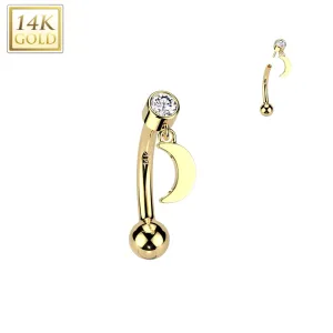 14K Solid Gold Threadless Push In Curved Eyebrow Barbell & Crescent Moon Dangle