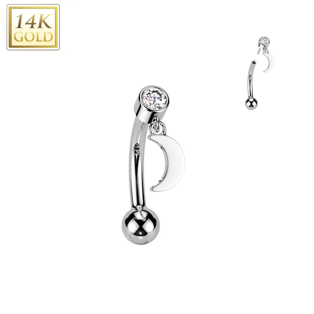 14K Solid Gold Threadless Push In Curved Eyebrow Barbell & Crescent Moon Dangle
