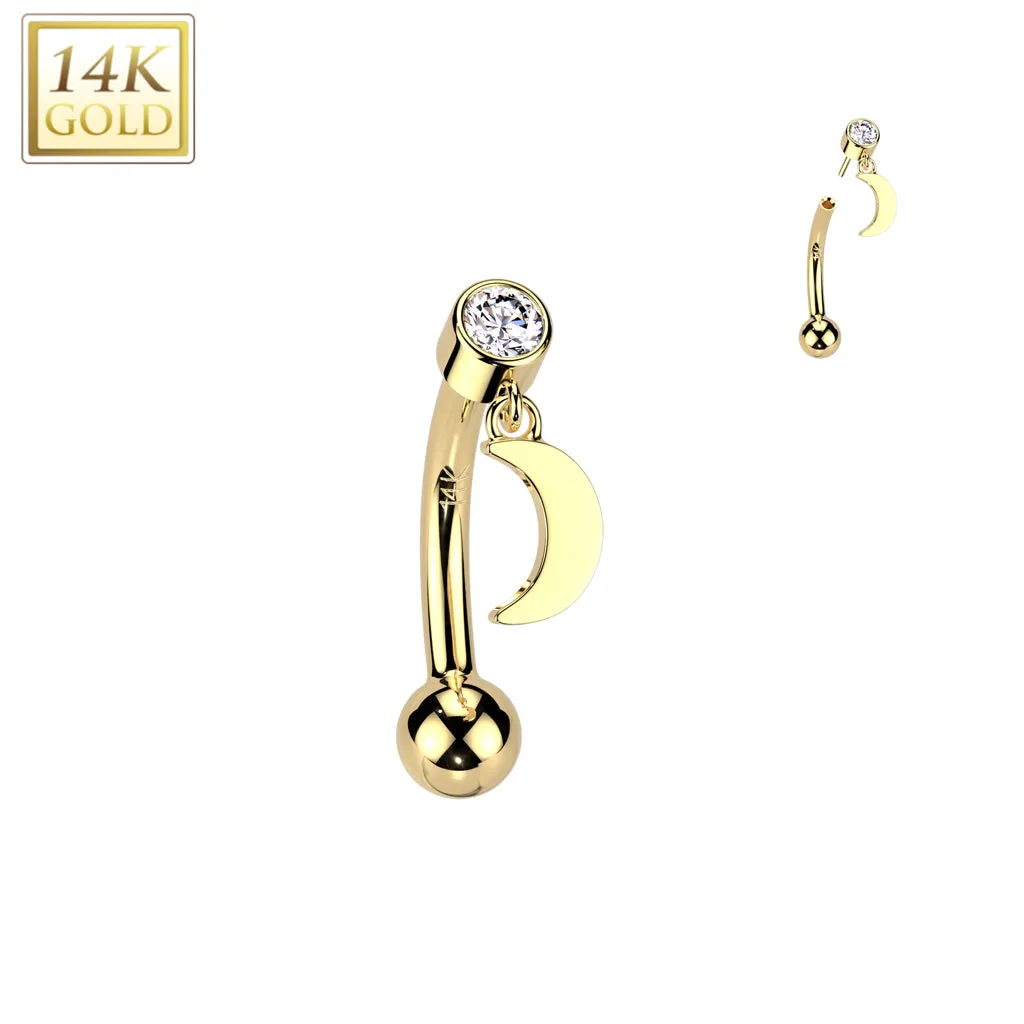 14K Solid Gold Threadless Push In Curved Eyebrow Barbell & Crescent Moon Dangle