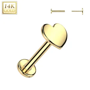 14K Solid Gold Threadless Push In Nose Stud With Heart Top