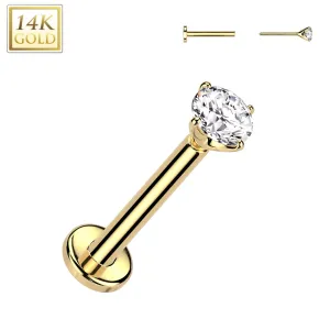 14K Solid Gold Threadless Push In Nose Stud With Prong CZ Top