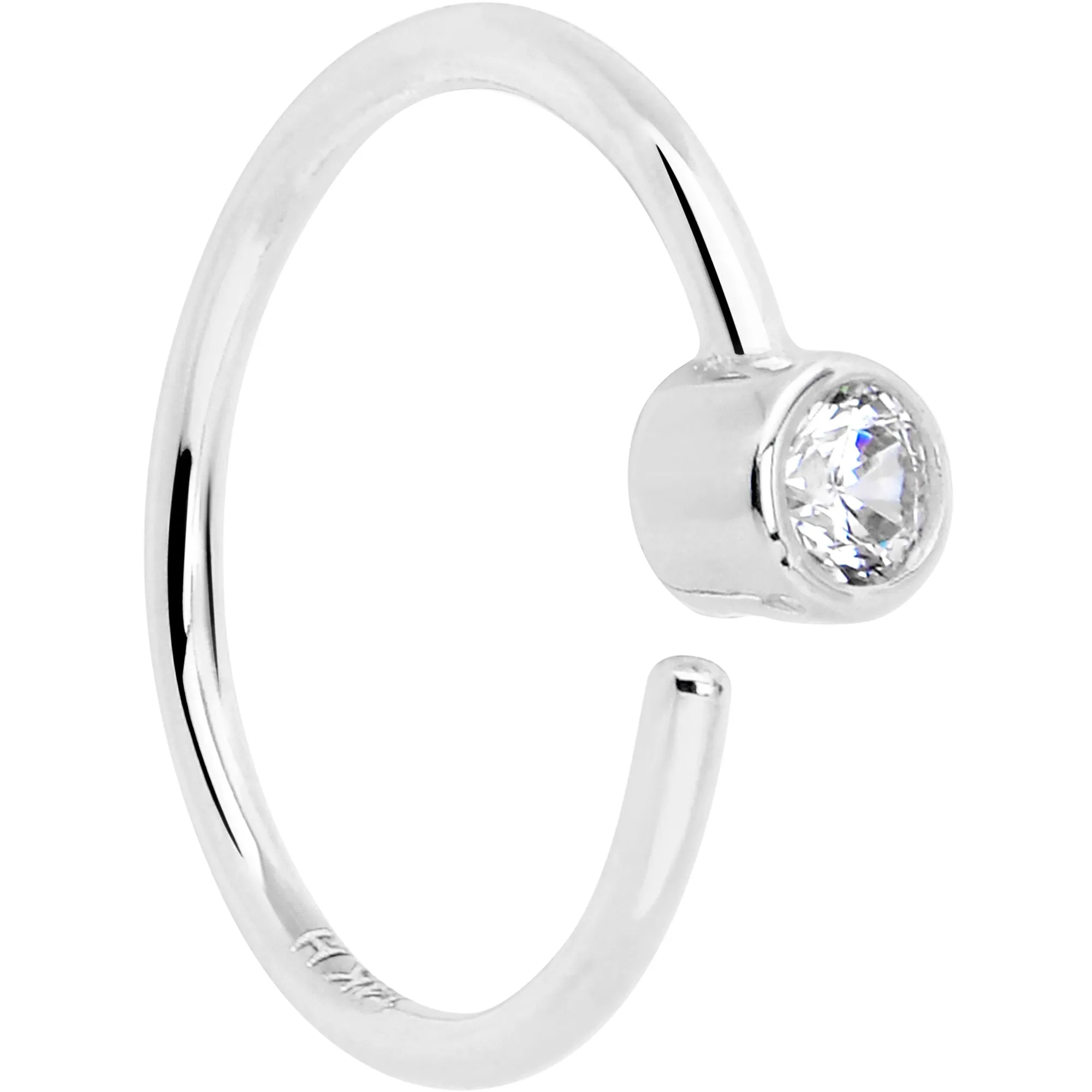 14k Solid White Gold Bendable Nose Hoop 220 Gauge 5/16 with 2mm Bezel CZ