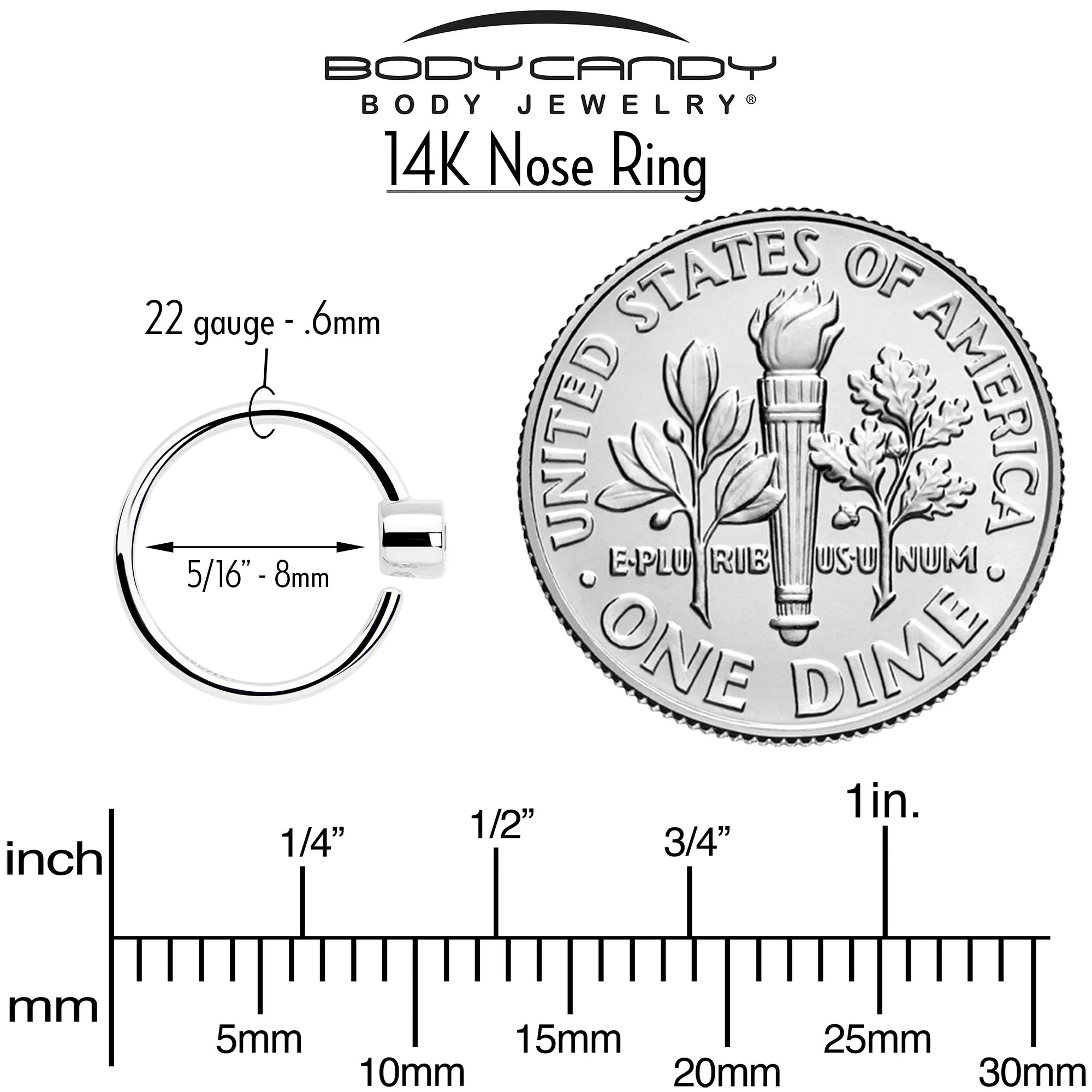 14k Solid White Gold Bendable Nose Hoop 220 Gauge 5/16 with 2mm Bezel CZ