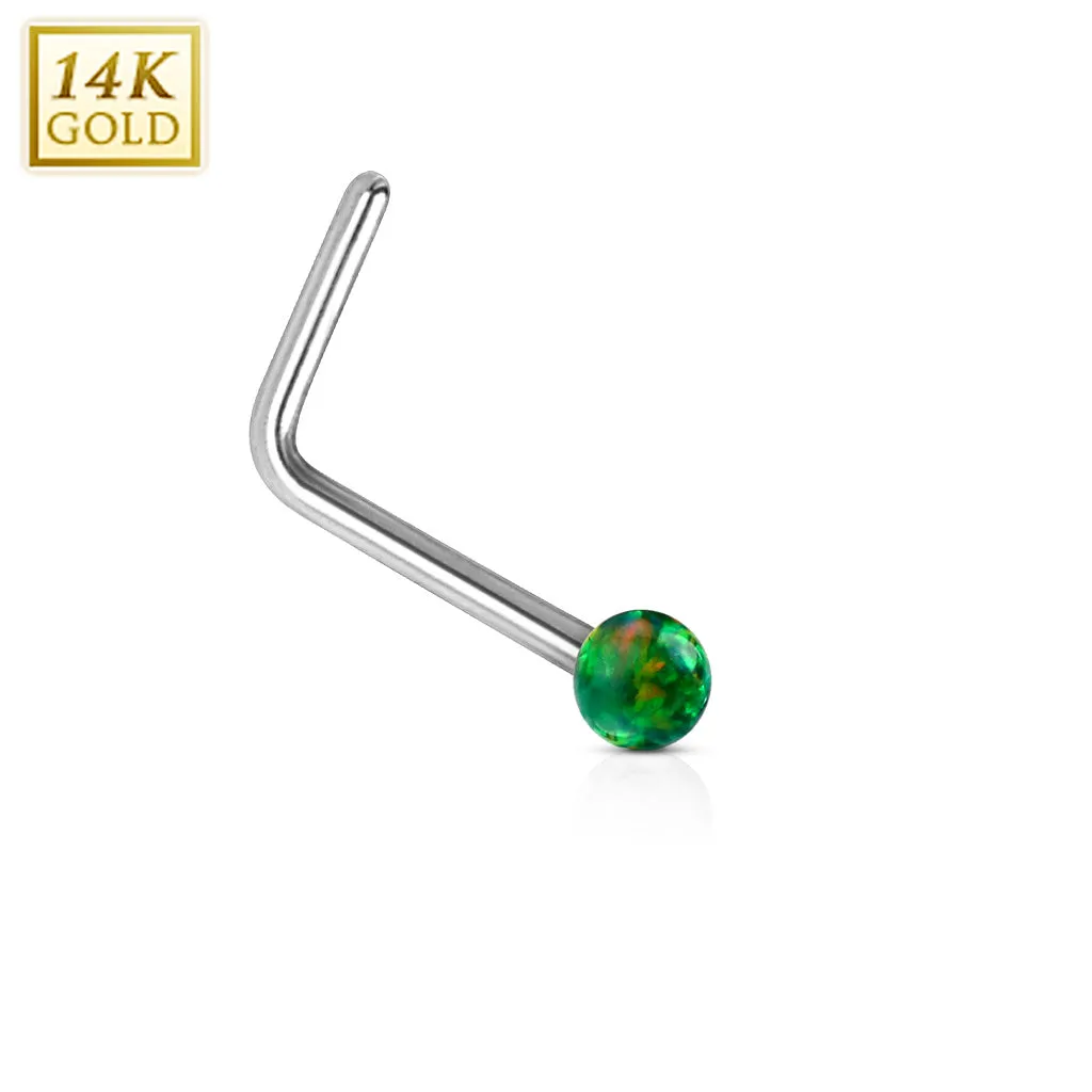 14K Solid White Gold Opal Ball L Bend Nose Stud Ring