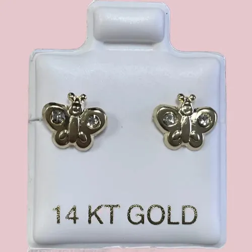 14K Solid Yellow Gold Butterfly Stud Earrings With Safety Backing