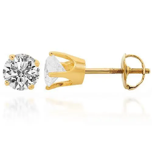 14K Solid Yellow Gold Diamond Solitaire Stud Earrings 0.99 Ctw