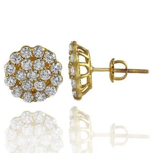 14K Solid Yellow Gold Round Cut Diamond Cluster Earrings 3.00 Ctw