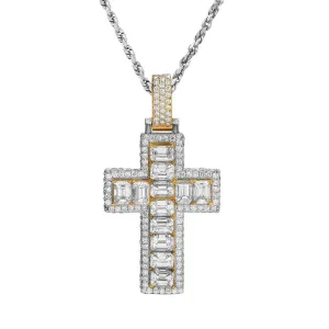 14k Two Tone VS Emerald Diamond Cross Pendant