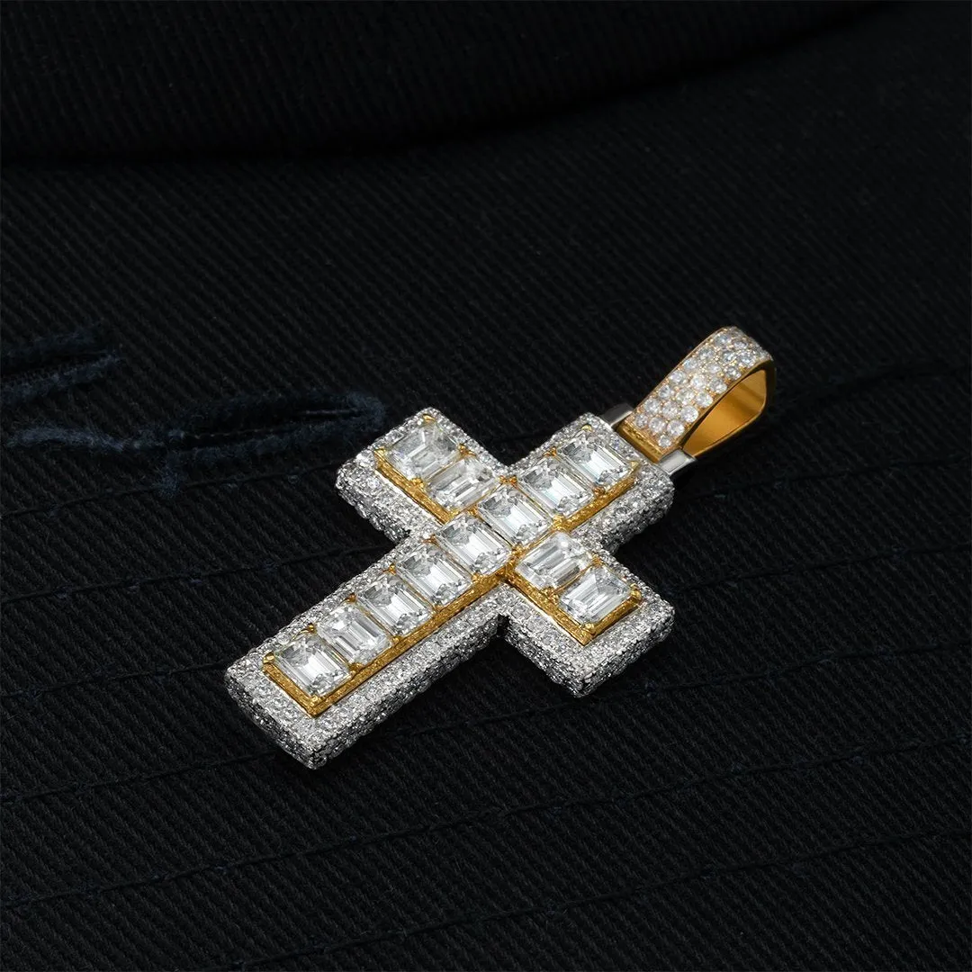 14k Two Tone VS Emerald Diamond Cross Pendant