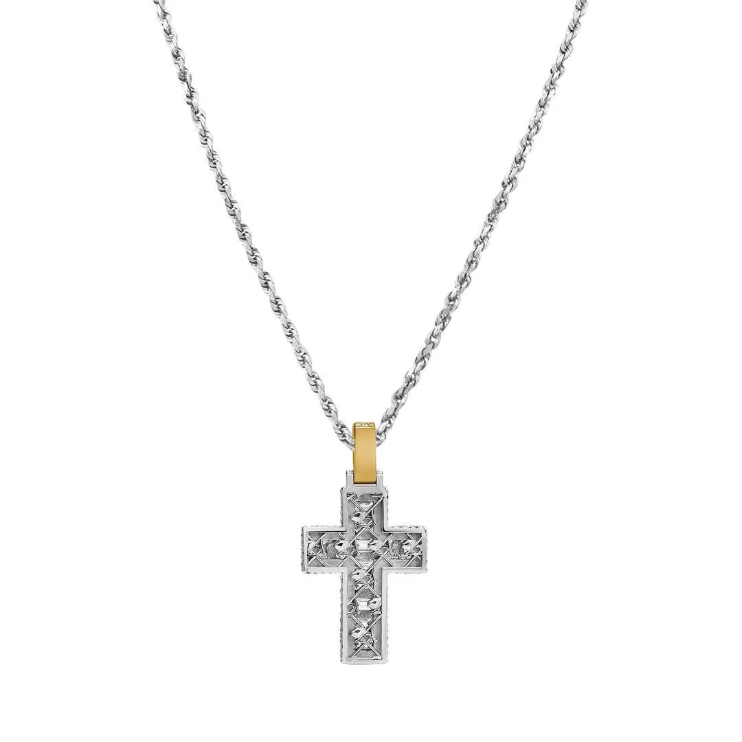 14k Two Tone VS Emerald Diamond Cross Pendant