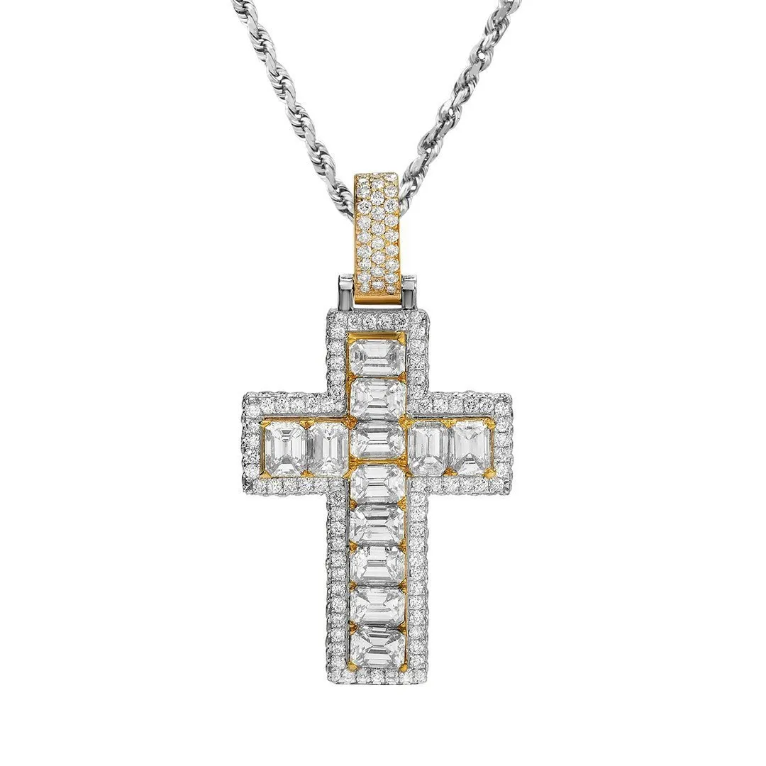 14k Two Tone VS Emerald Diamond Cross Pendant
