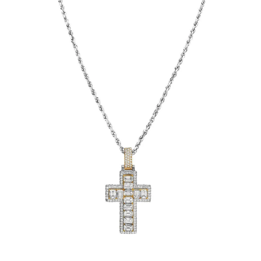 14k Two Tone VS Emerald Diamond Cross Pendant