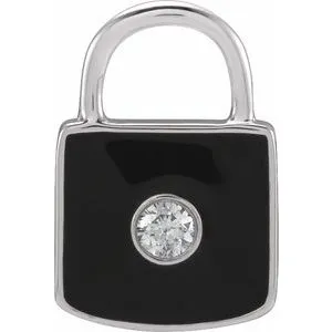 14K White .035 CT Natural  Diamond & Black Enamel Lock Pendant/Charm