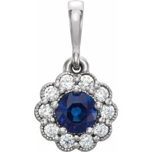 14K White Blue Sapphire & 1/8 CTW Diamond Pendant