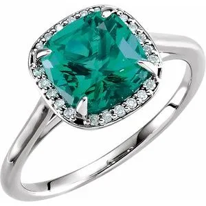 14K White Chatham® Created Emerald & .055 CTW Diamond Halo-Style Ring