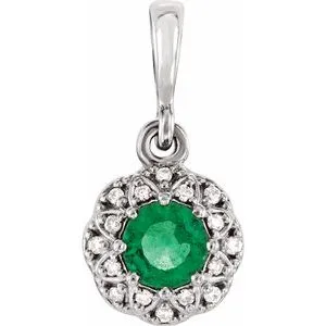14K White Emerald & .04 CTW Diamond Halo-Style Pendant