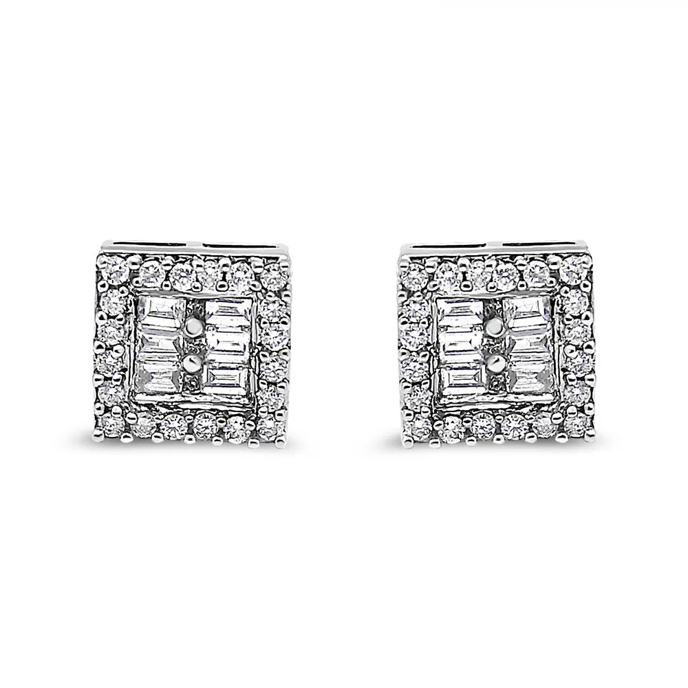 14K White Gold 1 cttw Round and Baguette Diamond Stud Earrings (H-I, SI1-SI2)
