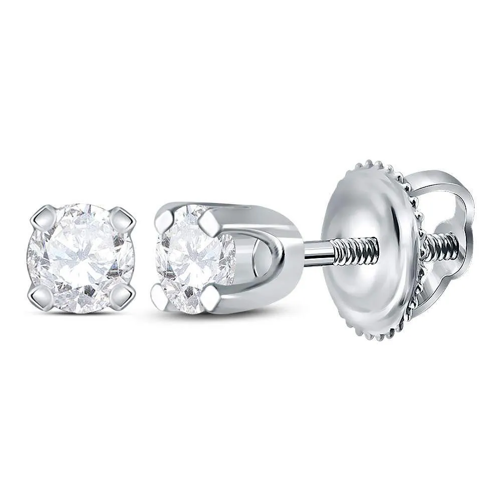 14K White Gold Child Infant Round Diamond Solitaire Stud Earrings 1/6 Cttw
