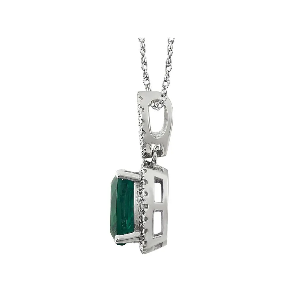 14k White Gold Created Emerald & .03 CTW Diamond 18" Necklace